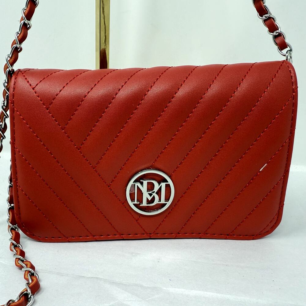 Studio Badgley Mischka Red Quilted Crossbody Bag Chain Strap Silver Logo